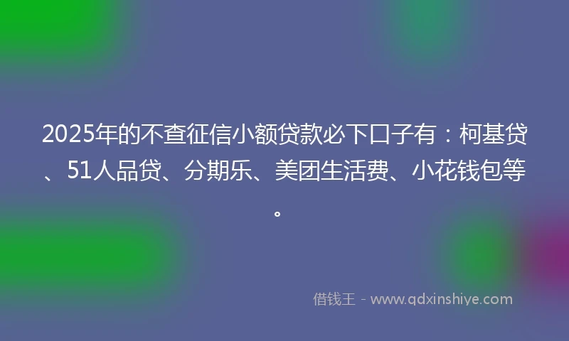 2025年的不查征信小额贷款必下口子有：柯基贷、51人品贷、分期乐、美团生活费、小花钱包等。