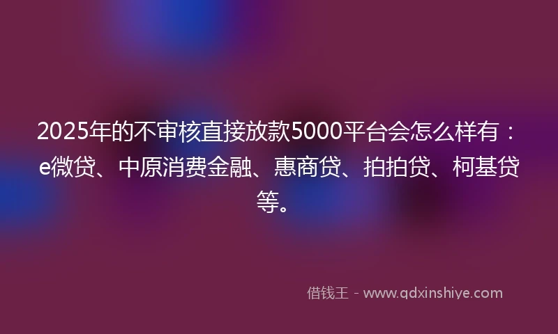 2025年的不审核直接放款5000平台会怎么样有：e微贷、中原消费金融、惠商贷、拍拍贷、柯基贷等。