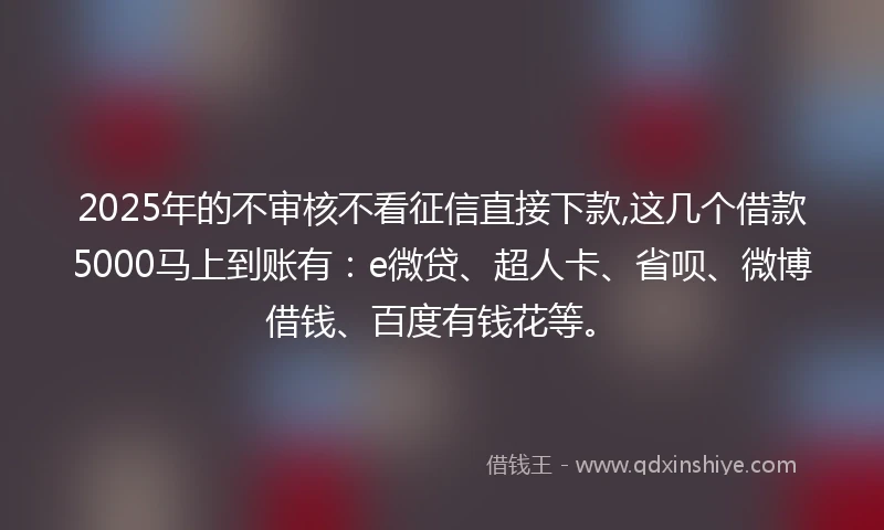 2025年的不审核不看征信直接下款,这几个借款5000马上到账有：e微贷、超人卡、省呗、微博借钱、百度有钱花等。