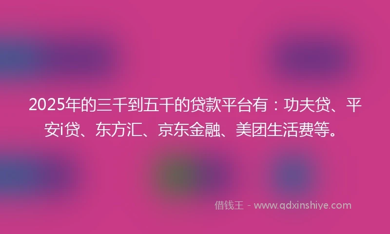 2025年的三千到五千的贷款平台有：功夫贷、平安i贷、东方汇、京东金融、美团生活费等。