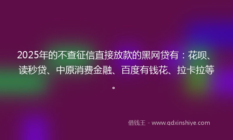 2025年的不查征信直接放款的黑网贷有：花呗、读秒贷、中原消费金融、百度有钱花、拉卡拉等。