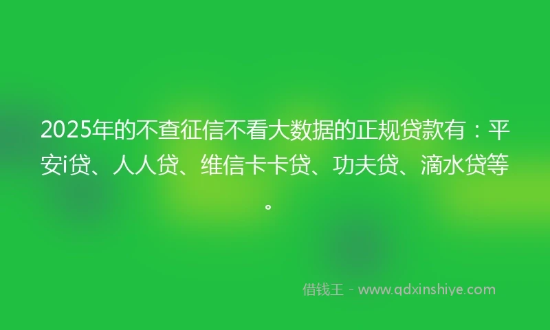 2025年的不查征信不看大数据的正规贷款有：平安i贷、人人贷、维信卡卡贷、功夫贷、滴水贷等。