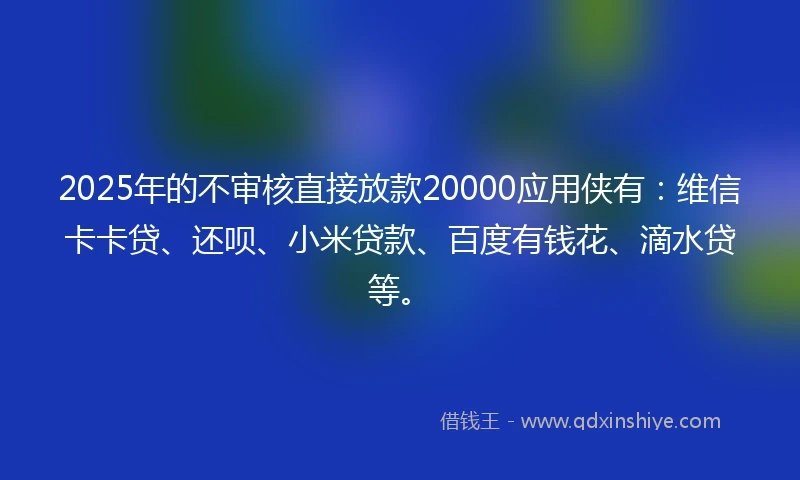 2025年的不审核直接放款20000应用侠有:维信卡卡贷、还呗、小米贷款、百度有钱花、滴水贷等。
