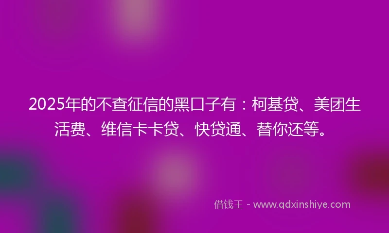 2025年的不查征信的黑口子有：柯基贷、美团生活费、维信卡卡贷、快贷通、替你还等。
