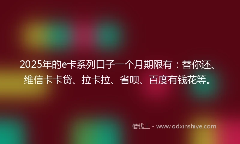 2025年的e卡系列口子一个月期限有：替你还、维信卡卡贷、拉卡拉、省呗、百度有钱花等。