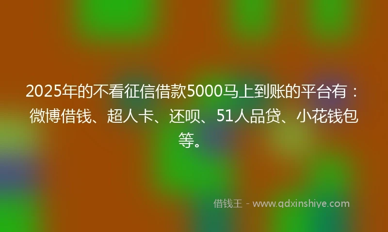 2025年的不看征信借款5000马上到账的平台有：微博借钱、超人卡、还呗、51人品贷、小花钱包等。