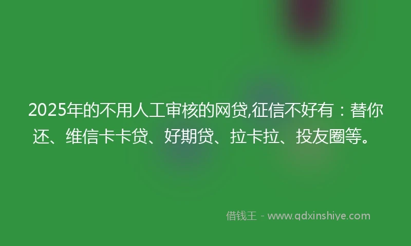 2025年的不用人工审核的网贷,征信不好有：替你还、维信卡卡贷、好期贷、拉卡拉、投友圈等。