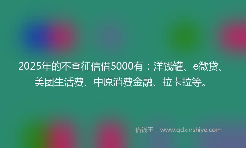 2025年的不查征信借5000有：洋钱罐、e微贷、美团生活费、中原消费金融、拉卡拉等。