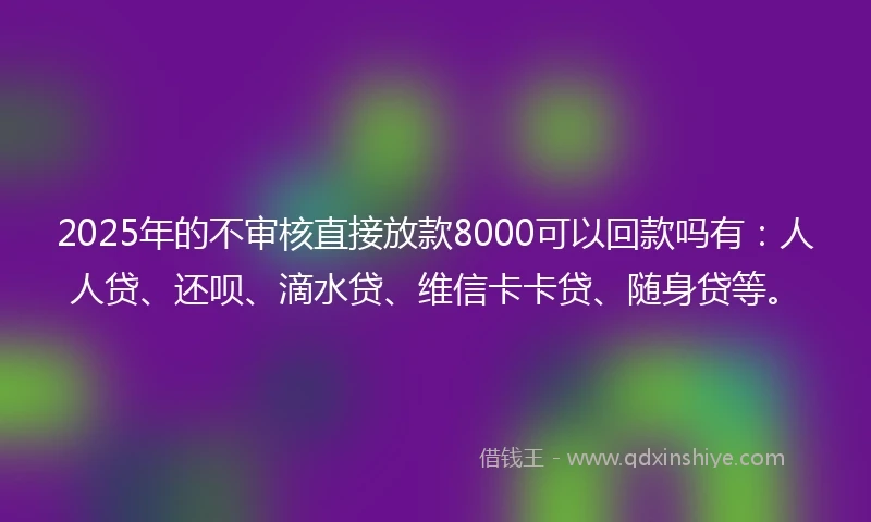 2025年的不审核直接放款8000可以回款吗有：人人贷、还呗、滴水贷、维信卡卡贷、随身贷等。