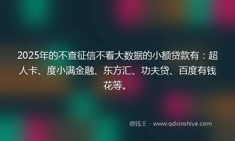 2025年的不查征信不看大数据的小额贷款有：超人卡、度小满金融、东方汇、功夫贷、百度有钱花等。
