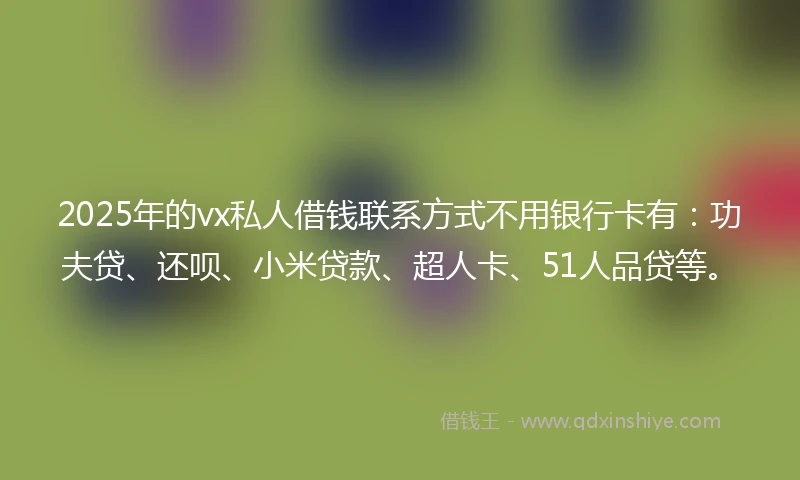 2025年的vx私人借钱联系方式不用银行卡有：功夫贷、还呗、小米贷款、超人卡、51人品贷等。