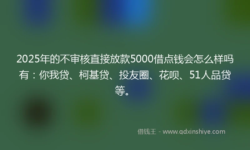 2025年的不审核直接放款5000借点钱会怎么样吗有：你我贷、柯基贷、投友圈、花呗、51人品贷等。