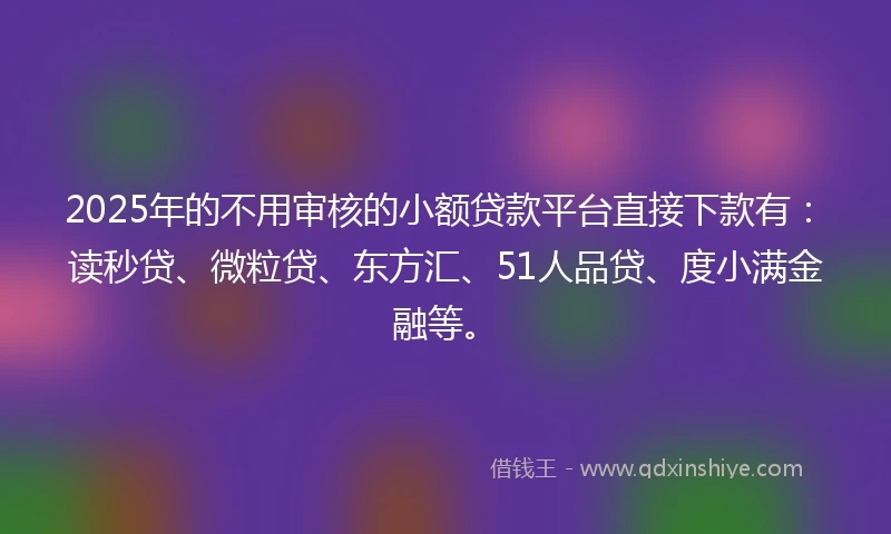2025年的不用审核的小额贷款平台直接下款有：读秒贷、微粒贷、东方汇、51人品贷、度小满金融等。