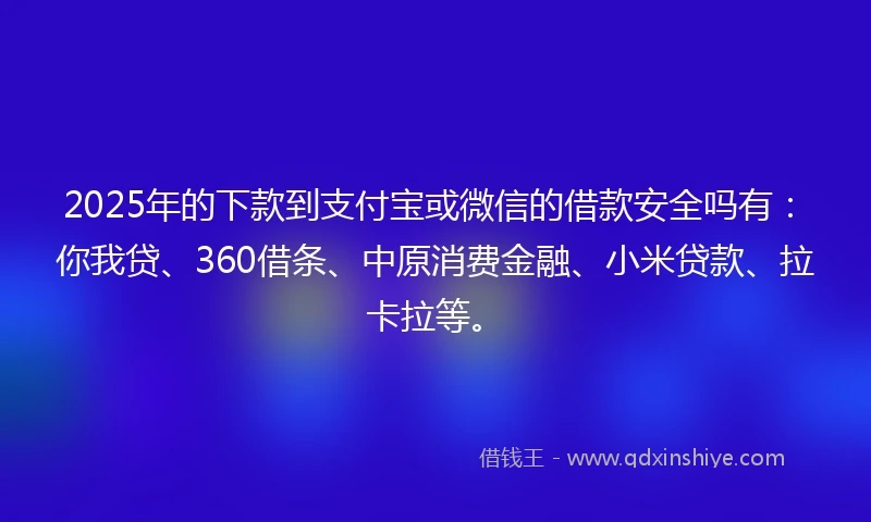 2025年的下款到支付宝或微信的借款安全吗有：你我贷、360借条、中原消费金融、小米贷款、拉卡拉等。