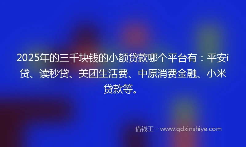 2025年的三千块钱的小额贷款哪个平台有：平安i贷、读秒贷、美团生活费、中原消费金融、小米贷款等。