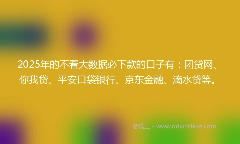 2025年的不看大数据必下款的口子有：团贷网、你我贷、平安口袋银行、京东金融、滴水贷等。