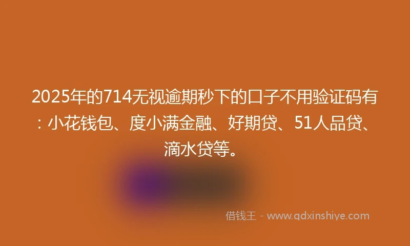 2025年的714无视逾期秒下的口子不用验证码有：小花钱包、度小满金融、好期贷、51人品贷、滴水贷等。