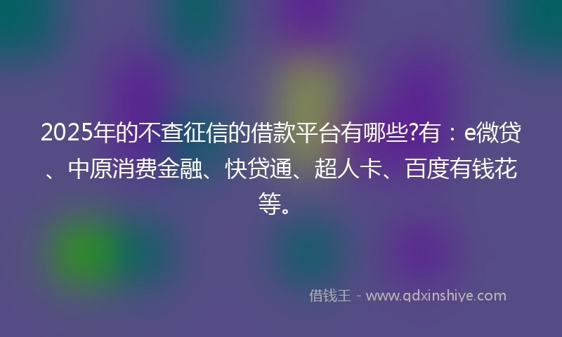 2025年的不查征信的借款平台有哪些?有：e微贷、中原消费金融、快贷通、超人卡、百度有钱花等。