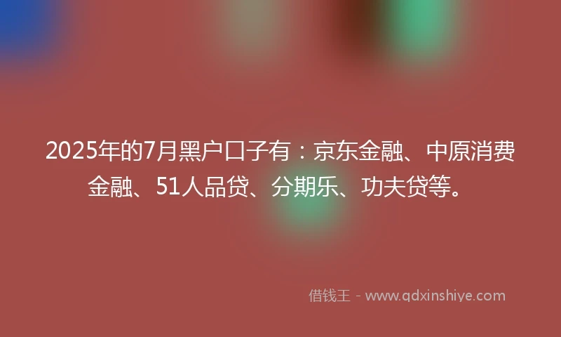 2025年的7月黑户口子有：京东金融、中原消费金融、51人品贷、分期乐、功夫贷等。