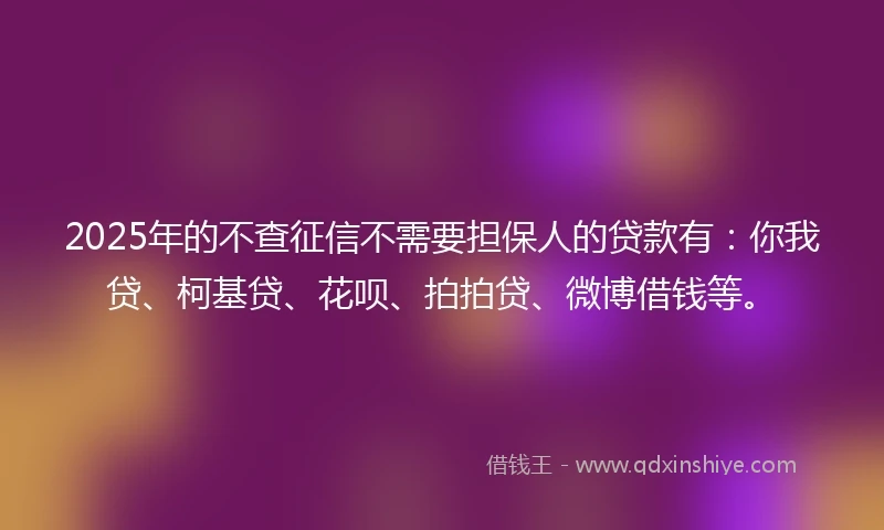 2025年的不查征信不需要担保人的贷款有：你我贷、柯基贷、花呗、拍拍贷、微博借钱等。