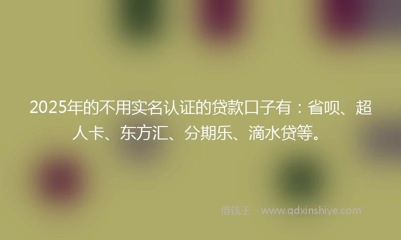 2025年的不用实名认证的贷款口子有：省呗、超人卡、东方汇、分期乐、滴水贷等。