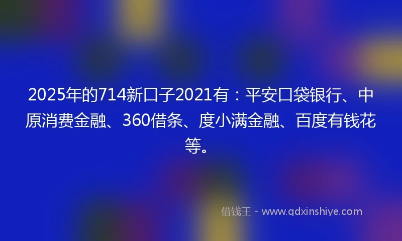 2025年的714新口子2021有：平安口袋银行、中原消费金融、360借条、度小满金融、百度有钱花等。