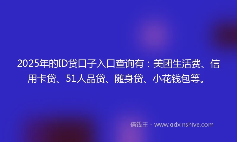 2025年的ID贷口子入口查询有：美团生活费、信用卡贷、51人品贷、随身贷、小花钱包等。