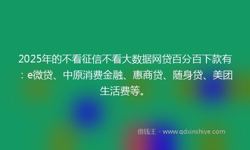 2025年的不看征信不看大数据网贷百分百下款有:e微贷、中原消费金融、惠商贷、随身贷、美团生活费等。