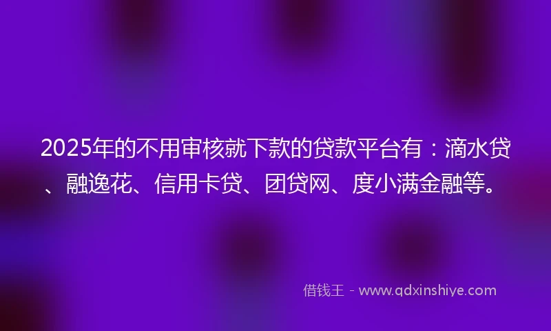 2025年的不用审核就下款的贷款平台有：滴水贷、融逸花、信用卡贷、团贷网、度小满金融等。
