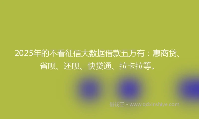 2025年的不看征信大数据借款五万有：惠商贷、省呗、还呗、快贷通、拉卡拉等。
