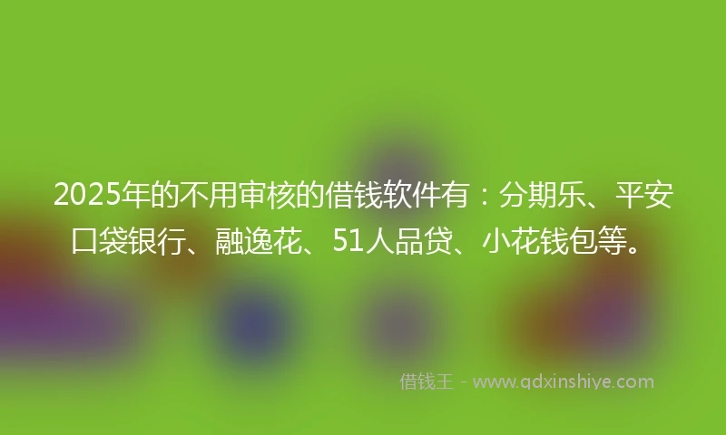 2025年的不用审核的借钱软件有：分期乐、平安口袋银行、融逸花、51人品贷、小花钱包等。