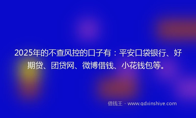 2025年的不查风控的口子有：平安口袋银行、好期贷、团贷网、微博借钱、小花钱包等。