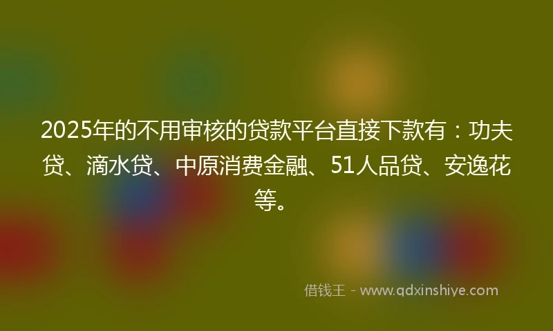 2025年的不用审核的贷款平台直接下款有：功夫贷、滴水贷、中原消费金融、51人品贷、安逸花等。