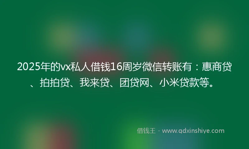 2025年的vx私人借钱16周岁微信转账有：惠商贷、拍拍贷、我来贷、团贷网、小米贷款等。