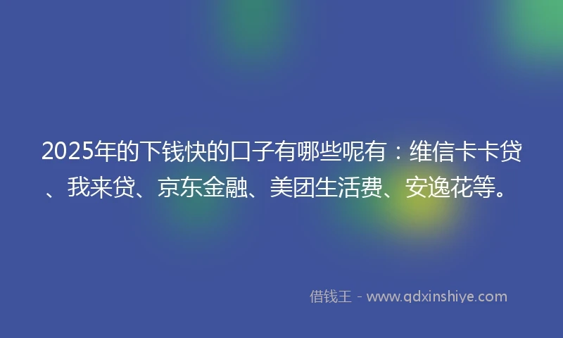2025年的下钱快的口子有哪些呢有：维信卡卡贷、我来贷、京东金融、美团生活费、安逸花等。