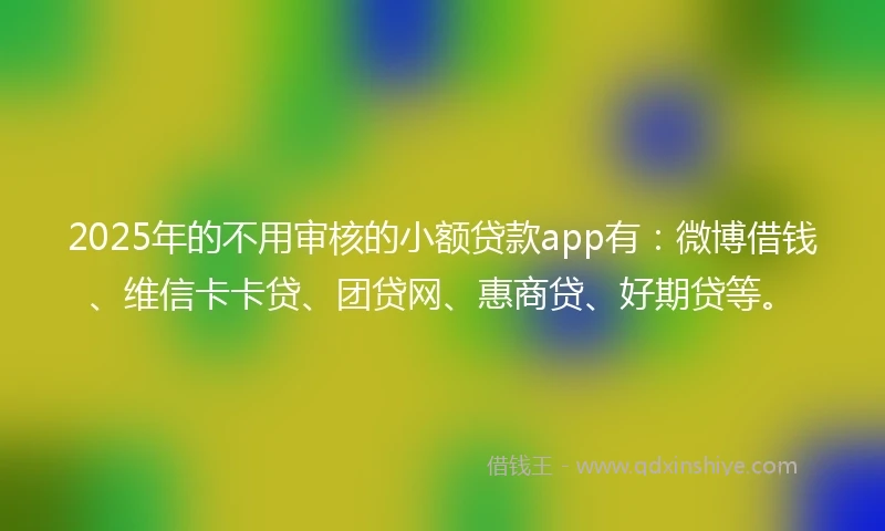 2025年的不用审核的小额贷款app有：微博借钱、维信卡卡贷、团贷网、惠商贷、好期贷等。
