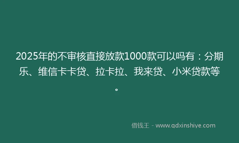 2025年的不审核直接放款1000款可以吗有：分期乐、维信卡卡贷、拉卡拉、我来贷、小米贷款等。