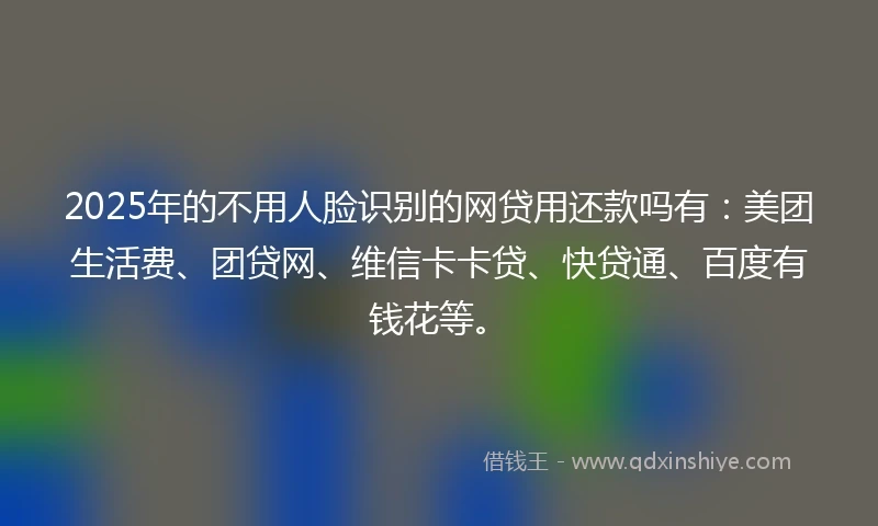 2025年的不用人脸识别的网贷用还款吗有：美团生活费、团贷网、维信卡卡贷、快贷通、百度有钱花等。