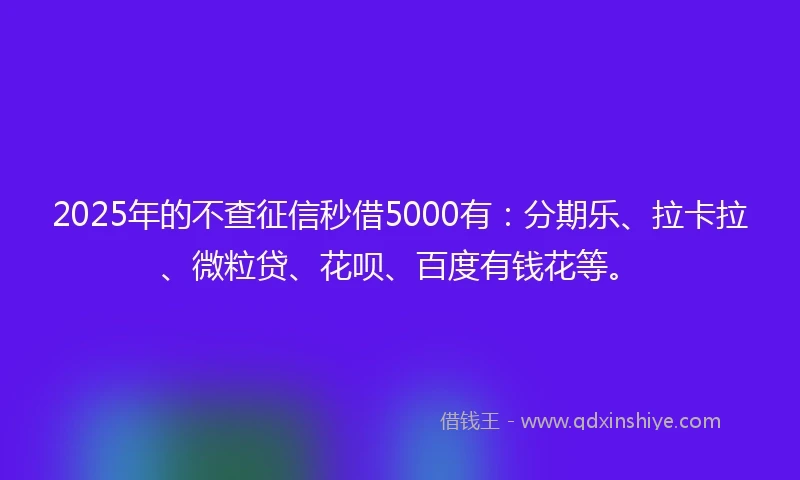 2025年的不查征信秒借5000有：分期乐、拉卡拉、微粒贷、花呗、百度有钱花等。