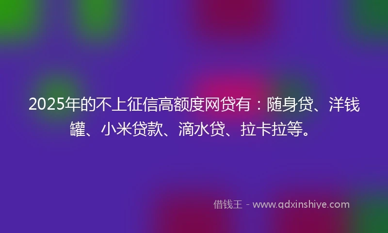 2025年的不上征信高额度网贷有：随身贷、洋钱罐、小米贷款、滴水贷、拉卡拉等。