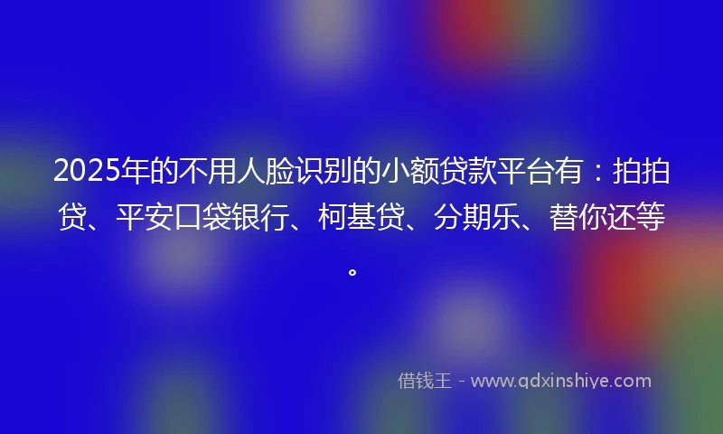 2025年的不用人脸识别的小额贷款平台有：拍拍贷、平安口袋银行、柯基贷、分期乐、替你还等。
