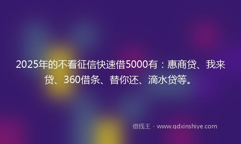 2025年的不看征信快速借5000有：惠商贷、我来贷、360借条、替你还、滴水贷等。