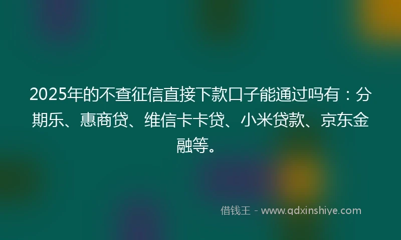 2025年的不查征信直接下款口子能通过吗有：分期乐、惠商贷、维信卡卡贷、小米贷款、京东金融等。