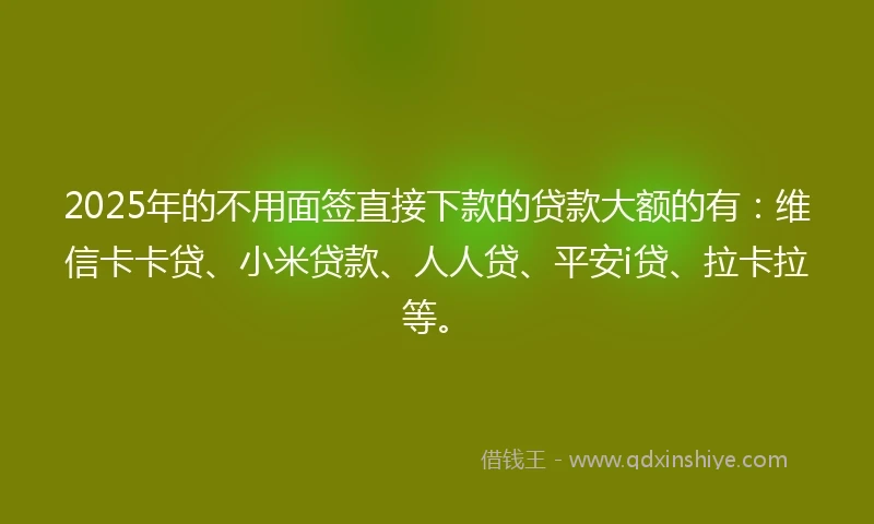 2025年的不用面签直接下款的贷款大额的有：维信卡卡贷、小米贷款、人人贷、平安i贷、拉卡拉等。