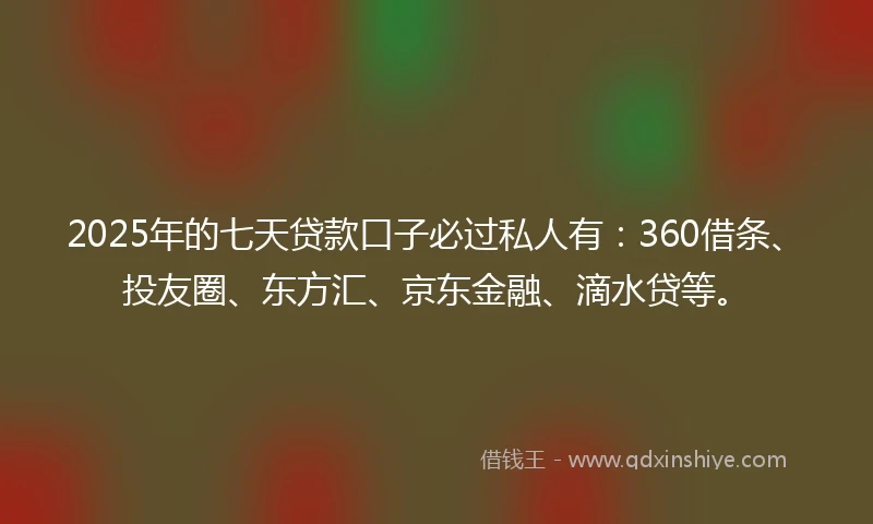 2025年的七天贷款口子必过私人有：360借条、投友圈、东方汇、京东金融、滴水贷等。