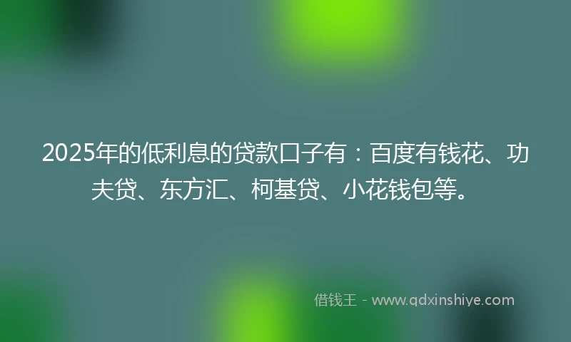 2025年的低利息的贷款口子有：百度有钱花、功夫贷、东方汇、柯基贷、小花钱包等。