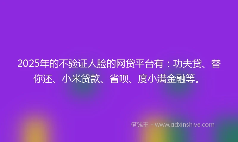 2025年的不验证人脸的网贷平台有：功夫贷、替你还、小米贷款、省呗、度小满金融等。