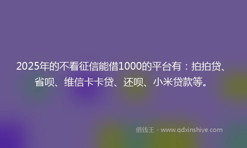 2025年的不看征信能借1000的平台有：拍拍贷、省呗、维信卡卡贷、还呗、小米贷款等。