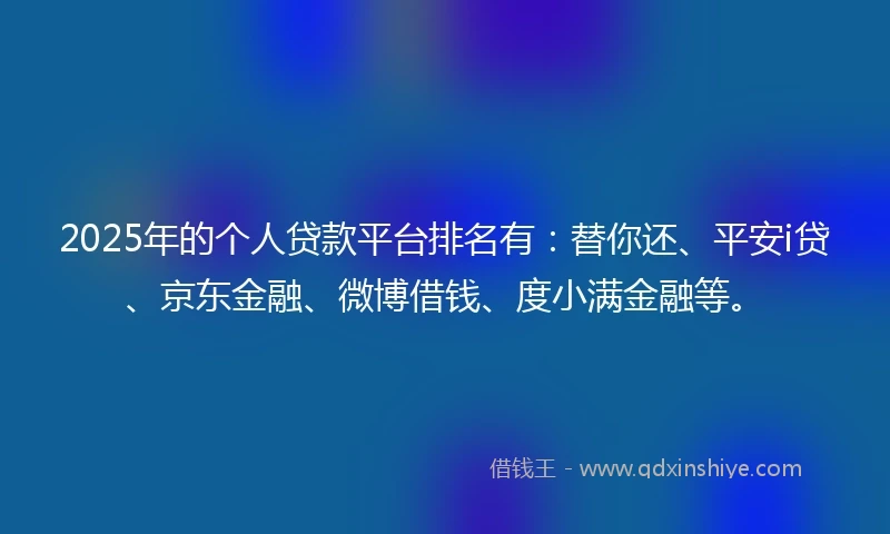 2025年的个人贷款平台排名有：替你还、平安i贷、京东金融、微博借钱、度小满金融等。