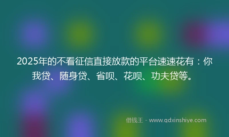 2025年的不看征信直接放款的平台速速花有：你我贷、随身贷、省呗、花呗、功夫贷等。